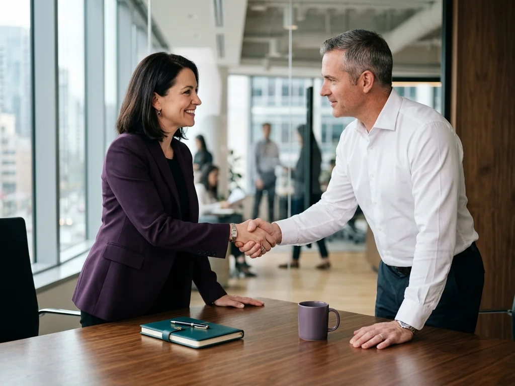 Poignée de main professionnelle symbolisant un accord clair et une vision d'entreprise partagée.