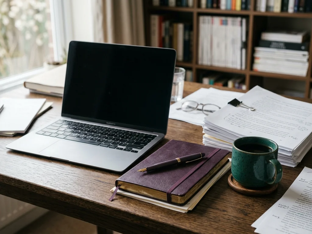 Table de rédaction avec carnets et ordinateur portable, favorisant un climat d'échange éditorial.