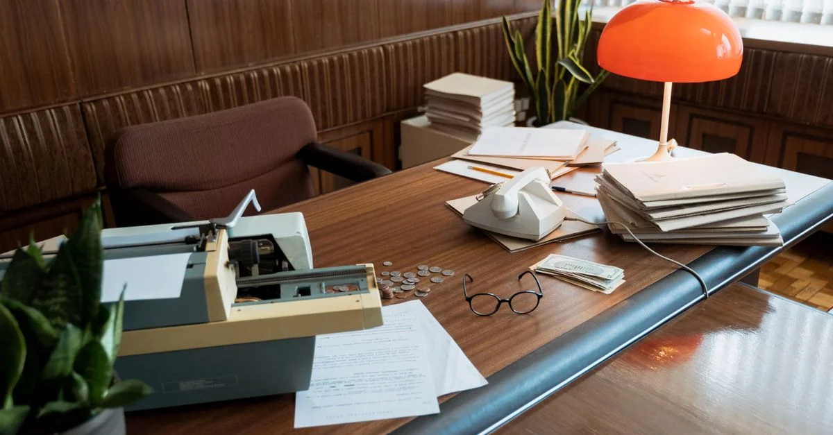 Un bureau rétro avec une machine à écrire, un téléphone vintage et des piles de documents.