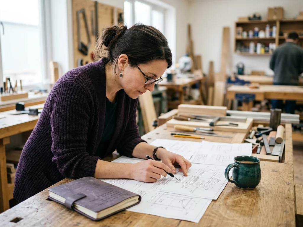 Entrepreneure analysant des plans dans son atelier pour prendre des décisions stratégiques éclairées.