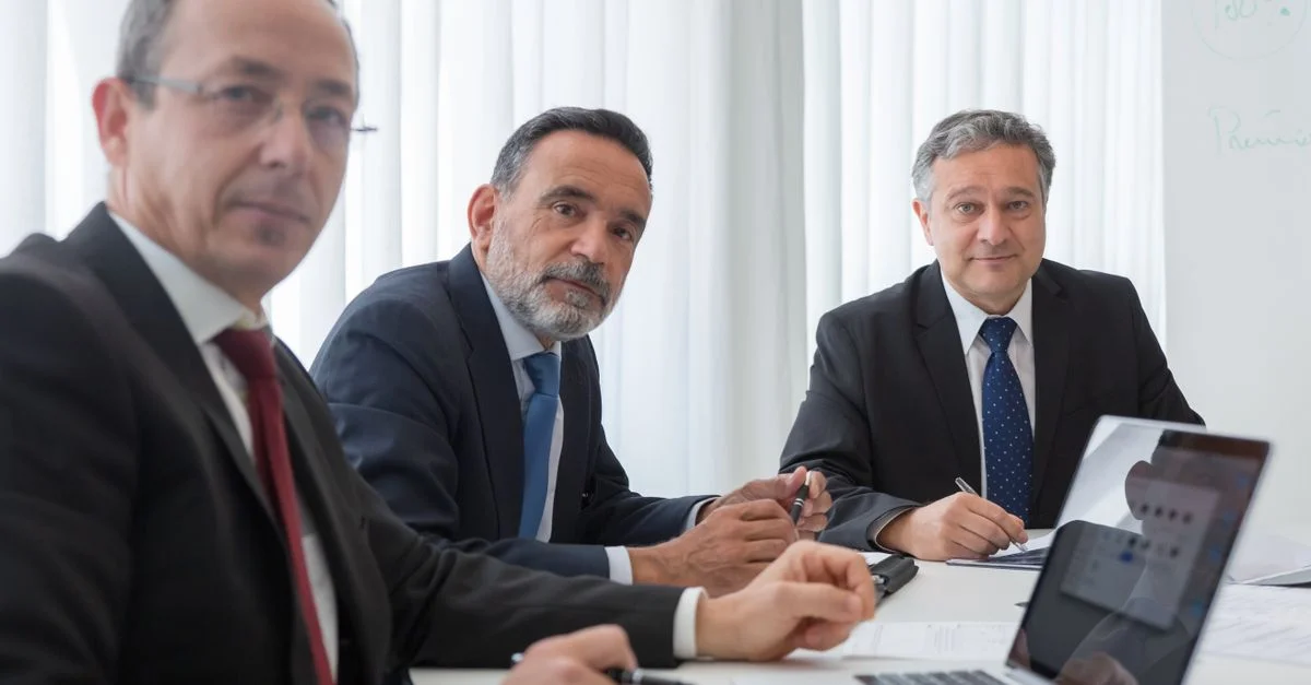 Des dirigeants senior en costume conduisant une réunion dans un cadre de bureau.