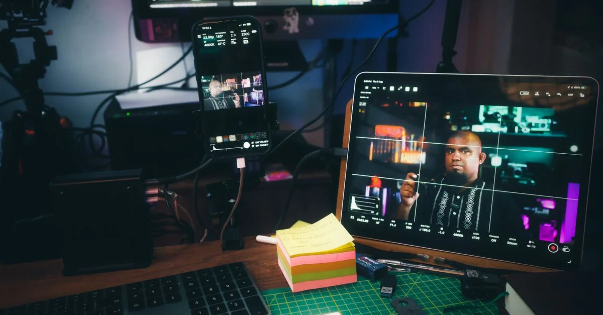 Un bureau à domicile moderne équipé d'appareils numériques et de tout le nécessaire pour travailler, illustrant un espace de travail contemporain.