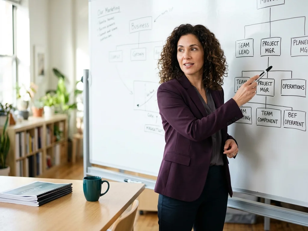 Une experte explique une stratégie au tableau blanc pour faciliter la prise de décision claire.