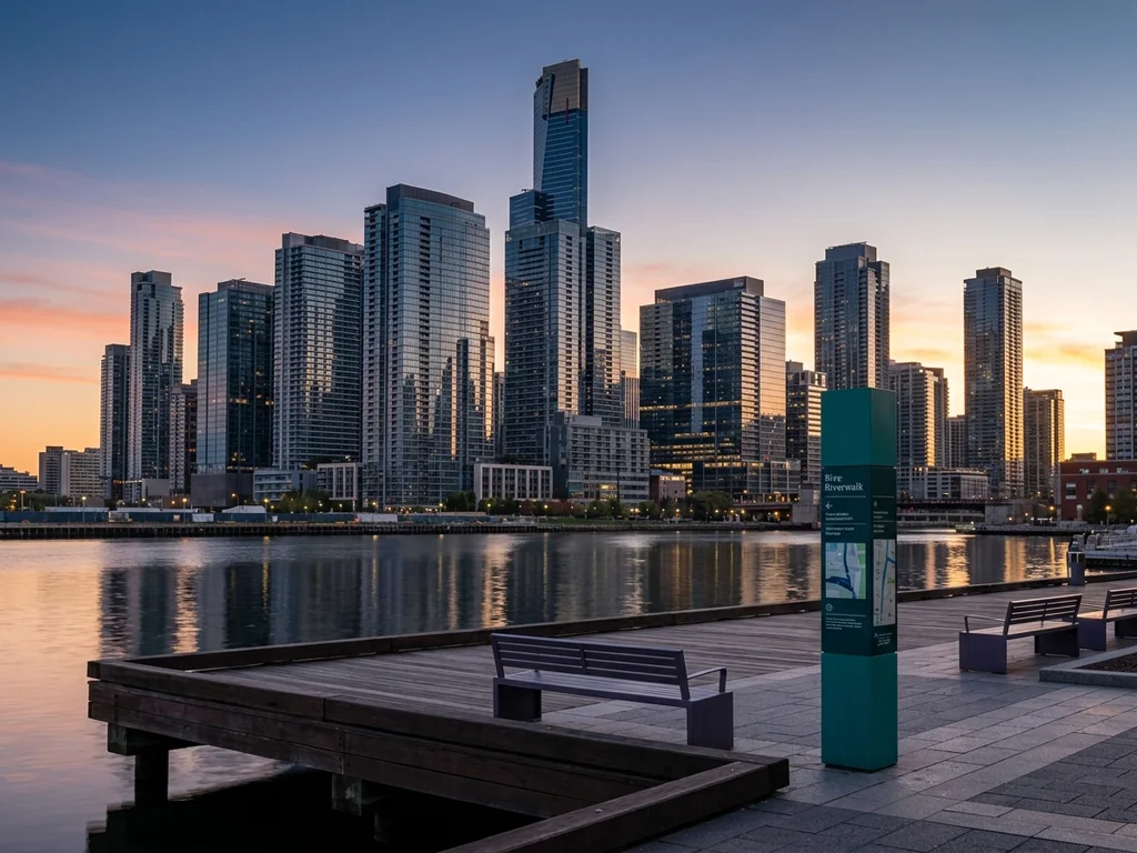 Vue de l'horizon d'un quartier d'affaires à l'aube, évoquant la clarté et la vision stratégique.